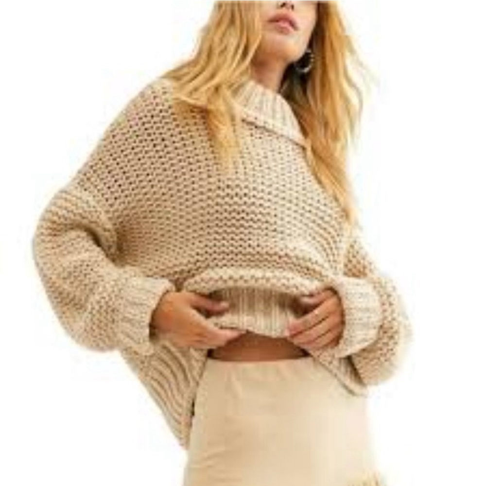 Free People Tan Cowl Neck Sweater with Balloon Sleeves
